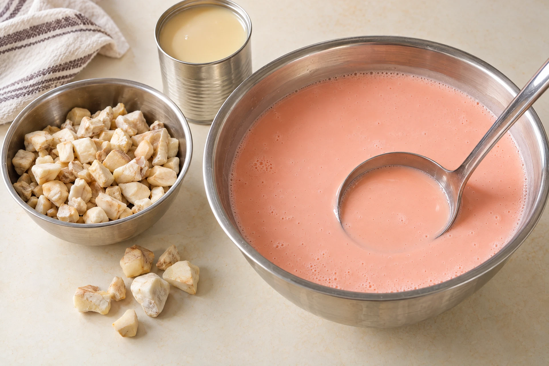 Preparação cremosa de gelinho de malambe numa tigela limpa